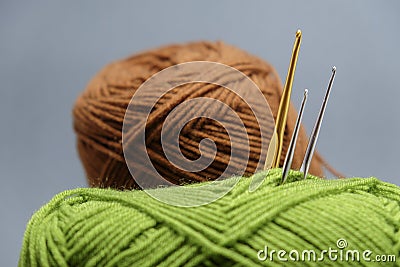 A basket of crochet yarn,tassel and crochet hook Stock Photo