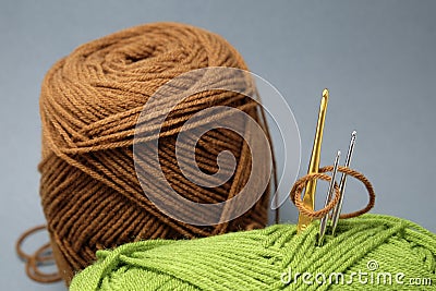 A basket of crochet yarn,tassel and crochet hook Stock Photo