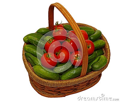 Basket with cucumbers and tomatoes Stock Photo