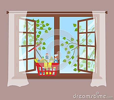 Basket with detergents on the windowsill. Cleaning concept Vector Illustration