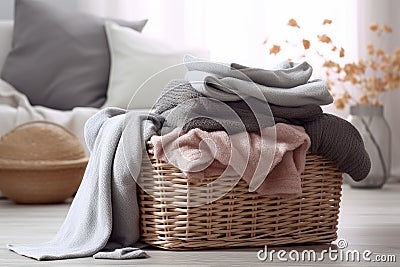 Basket dirty clothes and towels. Generate Ai Stock Photo