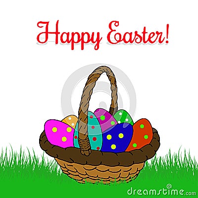 Basket with Easter colored eggs in peas, on green grass, cartoon Vector Illustration