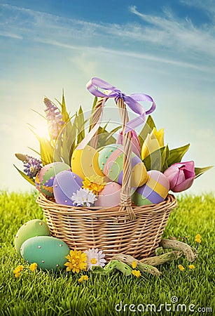 Basket with easter eggs Stock Photo