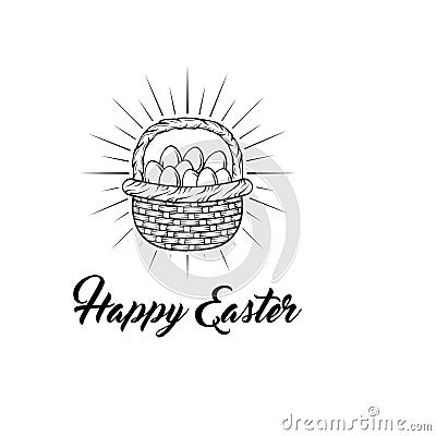 Basket with Easter eggs in beams. Happy Eater text. Vector illustration. Vector Illustration