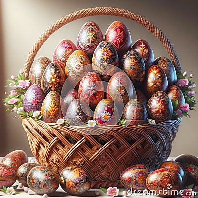 Basket Easter Eggs Ukrainian Pysanka Salvation Sacrifice Crucifixion Jesus Sunday Risen Sunrise AI Generated Stock Photo