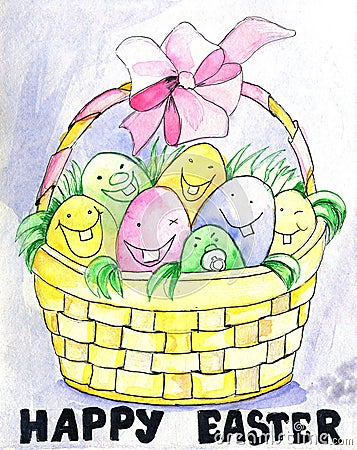 Basket with Easter eggs. Watercolor handmade postcard. Stock Photo