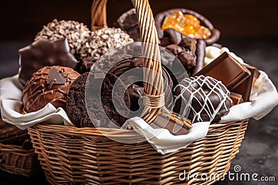 basket filled with chocolate cakes, pastries, and other sweet treats Stock Photo