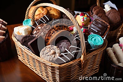 basket filled with chocolate cakes, pastries, and other sweet treats Stock Photo