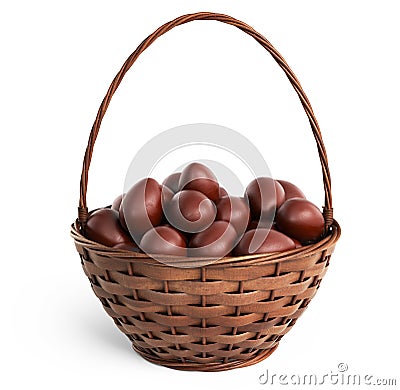 Basket filled chocolate eggs. Easter 3D, isolated Stock Photo