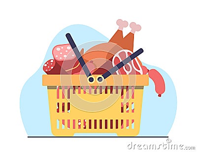 Basket filled with different kinds of meat products chops, sausages, bacon, ham and chicken. Butcher shop assortment Vector Illustration
