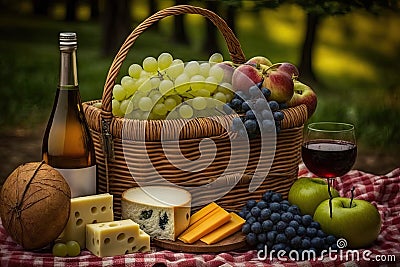 basket filled with fruits, cheeses, and wines for a picnic in the park Stock Photo