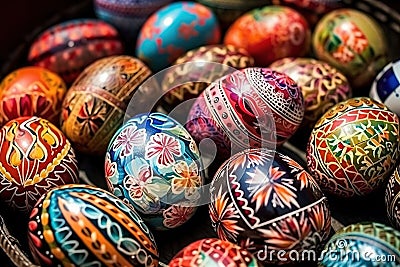 a basket filled with lots of colorfully painted easter eggs on top of a table next to each other on top of a wooden table Stock Photo