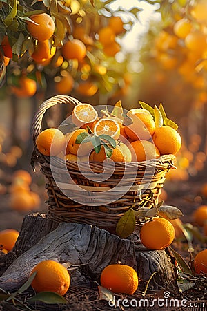 Basket of Valencia oranges on a tree stump, a refreshing sight of natural foods Stock Photo