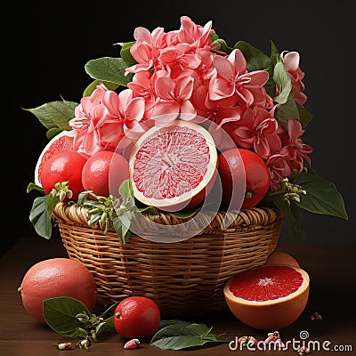 Fresh And Tasty Grapefruit Basket With Apple - Floral Still-life Inspired Stock Photo