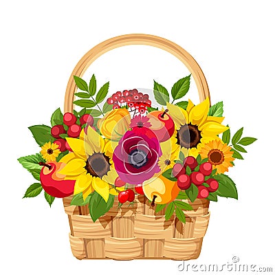 Basket with flowers, apples and berries. Vector illustration. Vector Illustration