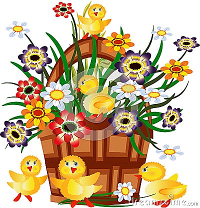 Basket with flowers and ducklings Vector Illustration