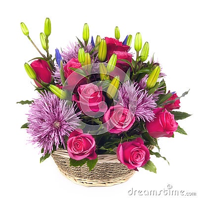 Basket of Flowers over White Stock Photo