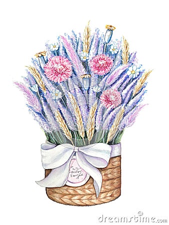 A basket of flowers. Basket tied with a bow with a bouquet of lavender Stock Photo