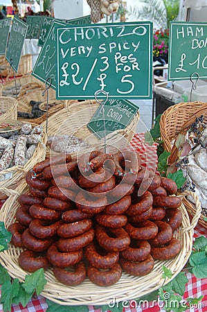 A basket of frankfurters or sausages at a farmers market Stock Photo