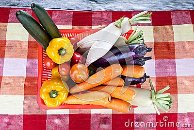 Basket of fresh assorted vegetables carrots, radish, capsicum, tomato, brinjal, cucumber Stock Photo