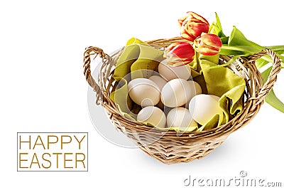 Basket with fresh chicken eggs and red tulips for a holiday breakfast, text happy easter, isolated on a white background, copy s Stock Photo