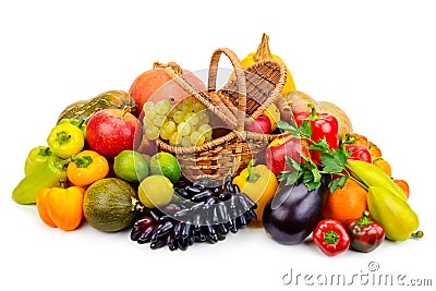 Basket with fresh fruits and vegetables isolated on a white back Stock Photo