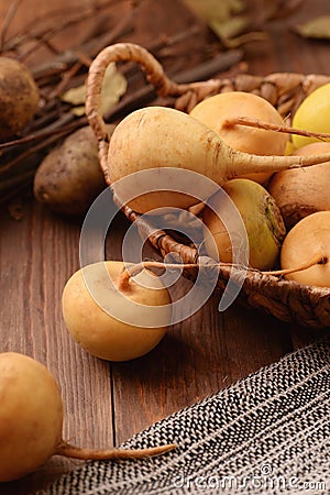 Basket with fresh organic yellow turnips Stock Photo