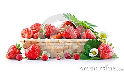 Basket fresh strawberry with green leaf and flower Stock Photo