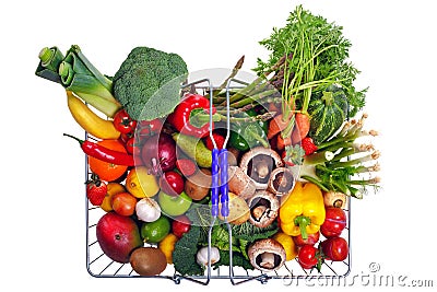 Basket fruit and vegetables isolated on white Stock Photo