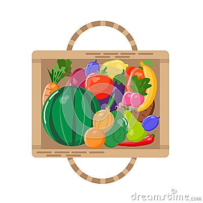 Basket with fruits and vegetables. View from above. Vector Illustration