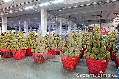 Basket full of durians at Talad Thai fruits market Editorial Stock Photo