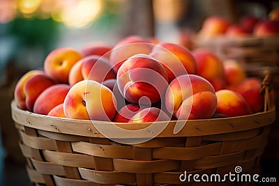 Basket full of fresh peach fruits at market Stock Photo