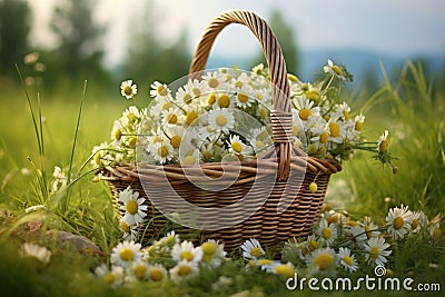 a basket full of freshly picked chamomile flowers on a grassy field Stock Photo