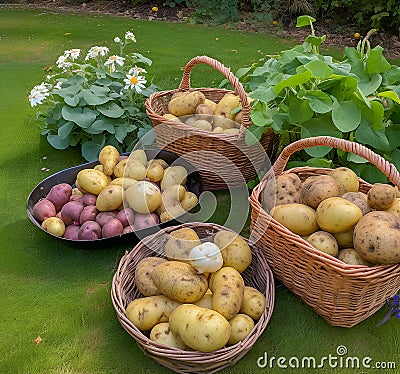 basket of harvested potatoes in the garden Stock Photo