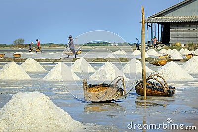 Basket for harvesting salt in salt farm Stock Photo