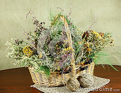 Basket with healing herbs. Dried grass. Stock Photo