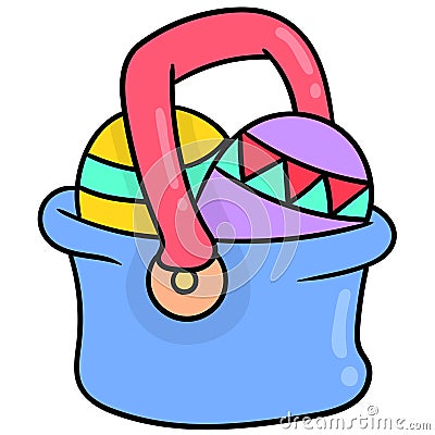 Basket icon containing painted easter eggs. carton emoticon. doodle icon drawing Vector Illustration