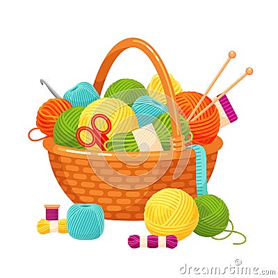 Basket with knitting balls, bright decorative home hobby Vector Illustration