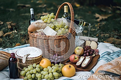 basket overflowing with fruits, cheeses, and wines for a decadent picnic Stock Photo