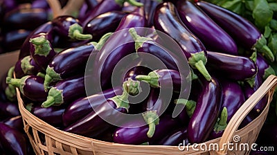 Basket overflowing with vibrant, ripe aubergines Stock Photo