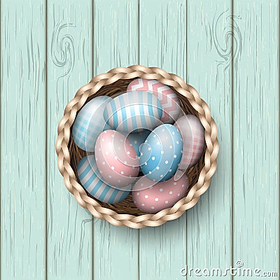 Basket with painted easter eggs on blue wooden background, illustration Vector Illustration