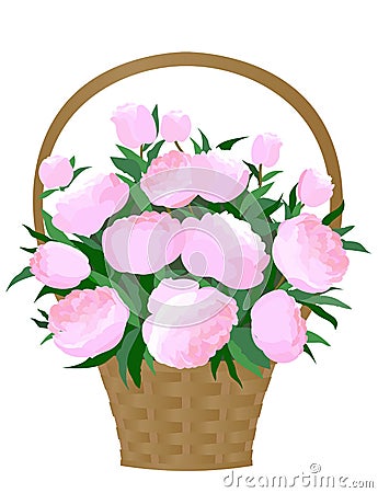 Basket peonies rustic bouquet holiday Valentine Day gift love romantic Vector Illustration