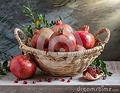 Basket with pomegranates Stock Photo