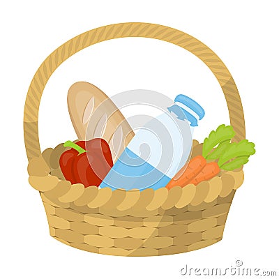 Basket with products icon in cartoon style isolated on white background. Vector Illustration