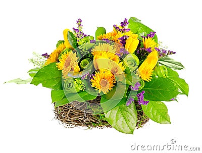 Basket of roses, tulips and limonium Stock Photo