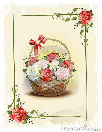 Basket with roses. Vector Illustration