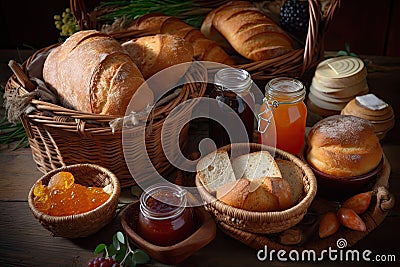 basket of rustic, crusty breads, paired with assortment of jams and spreads Stock Photo