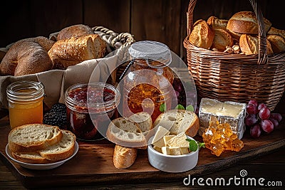 basket of rustic, crusty breads, paired with assortment of jams and spreads Stock Photo