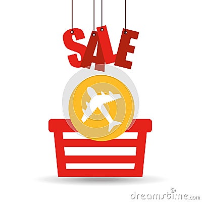 Basket shopping sale ticket airplane graphic Vector Illustration