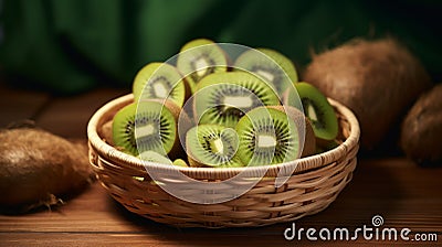 Basket of sliced kiwis in a lush tropical setting Stock Photo